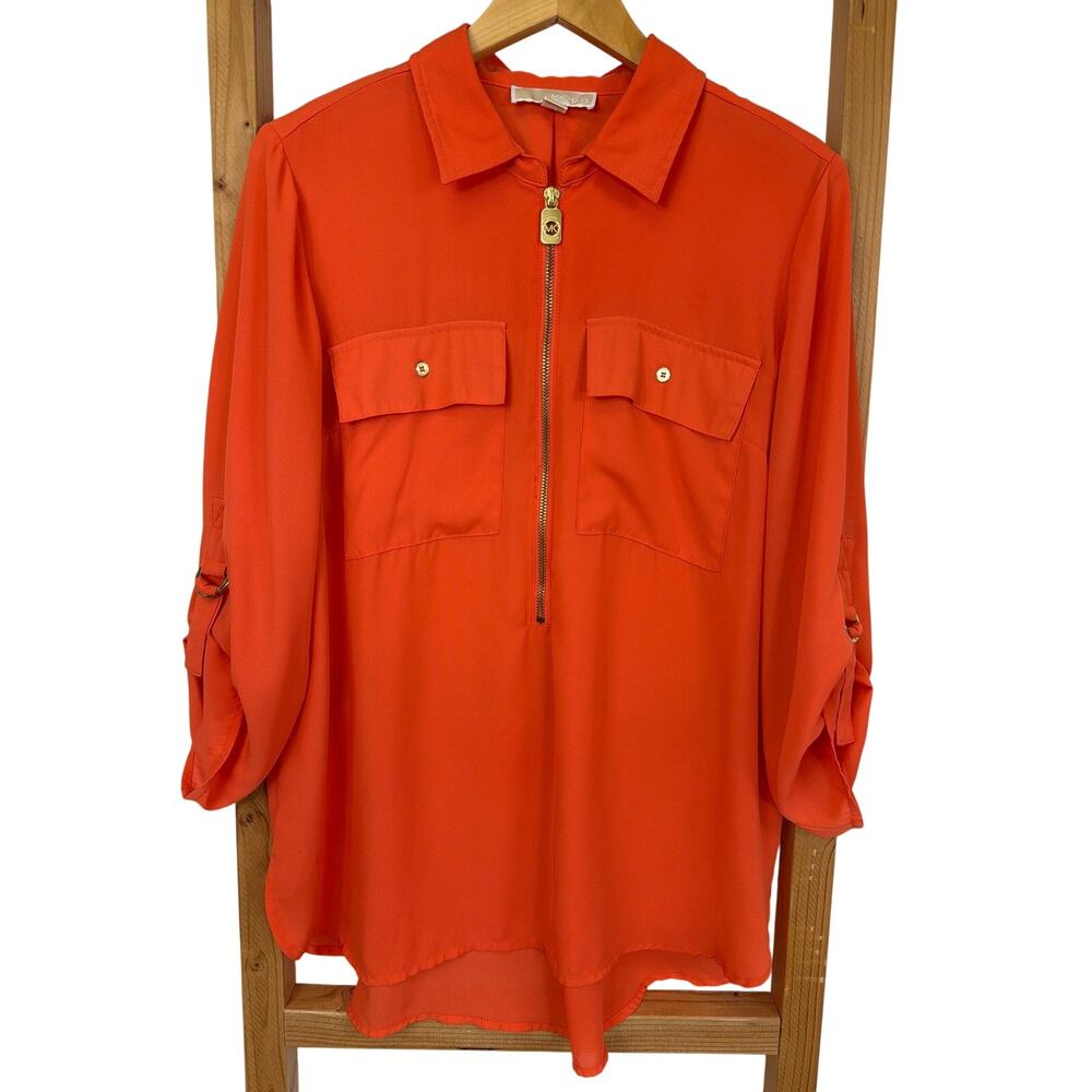 Michael Kors Orange Half Zip Tunic Two Chest Pockets D-Ring Roll Tab Top Size L